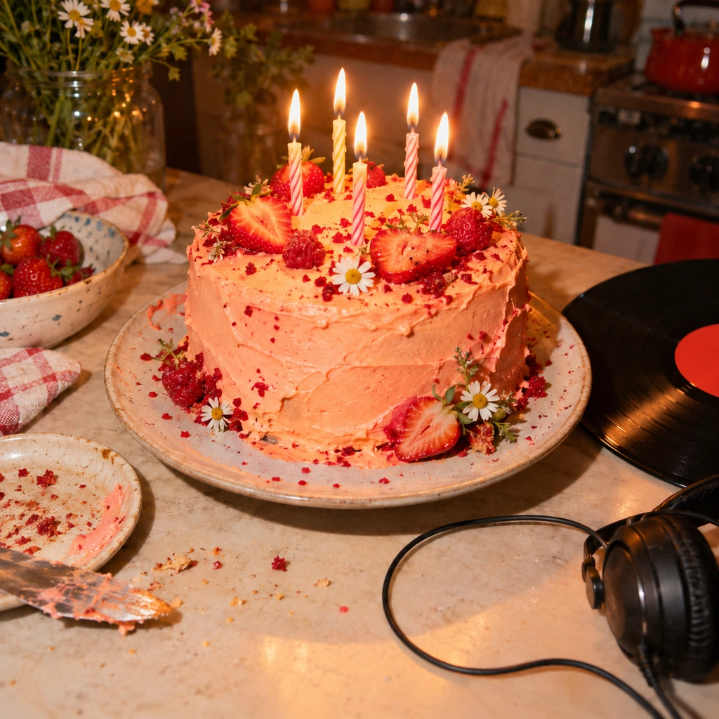 Birthday cover concept: a candlelit homemade cake in a warm kitchen.