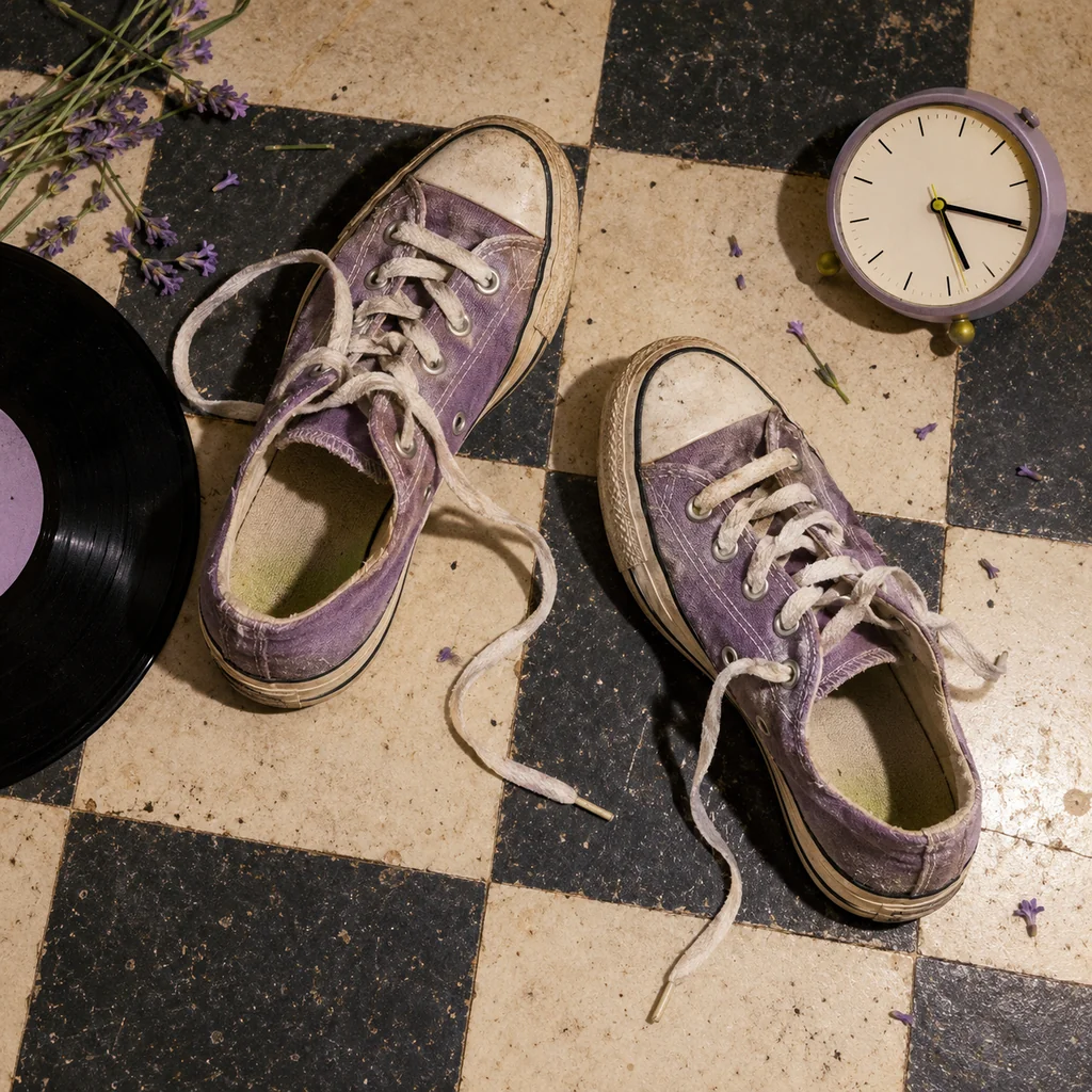 Friendly roast cover concept: sneakers and a clock on a checkerboard floor.